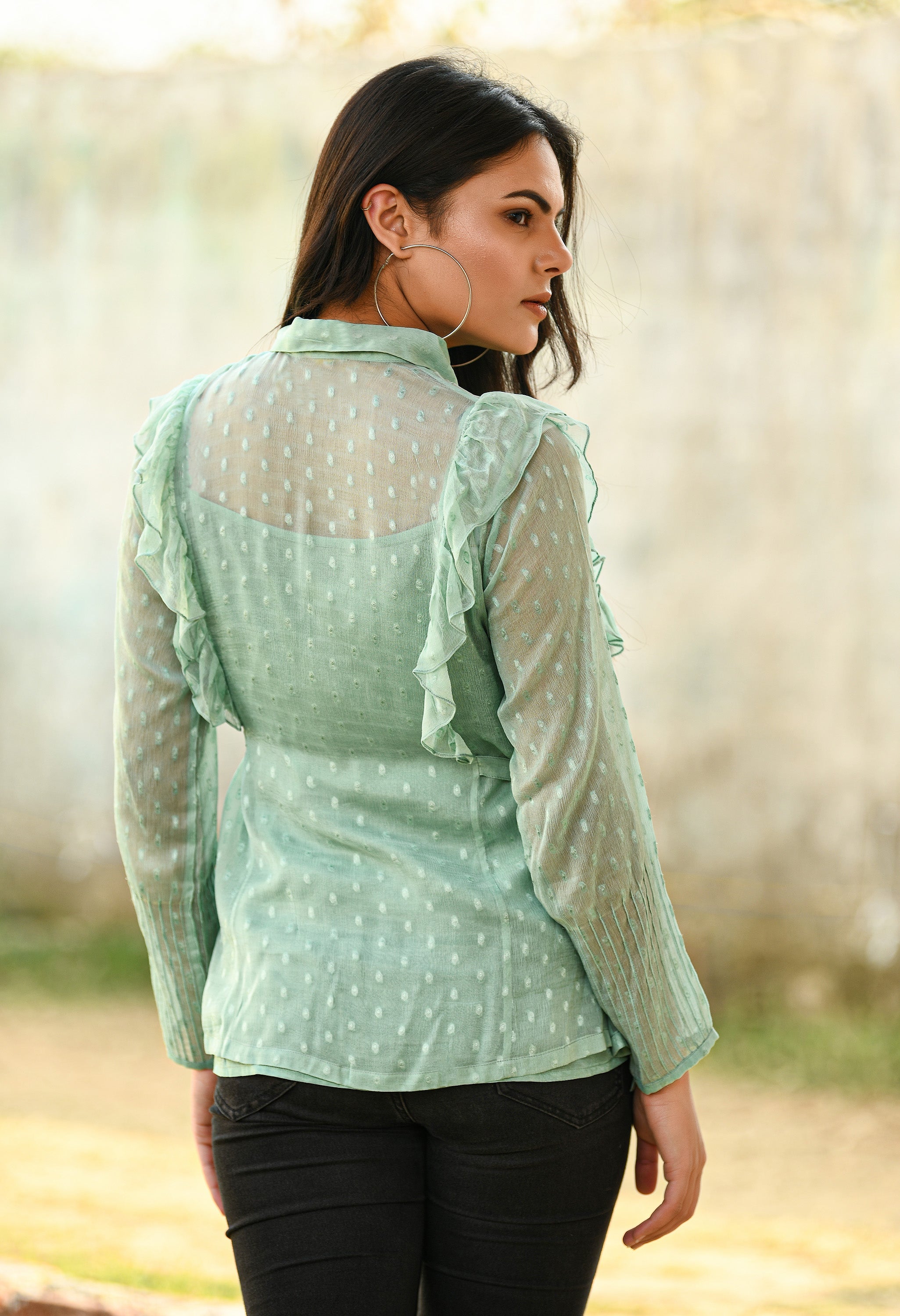 Mint Green Phulkari Embroidery Chiffon Top | Green Embroidery Chiffon Top